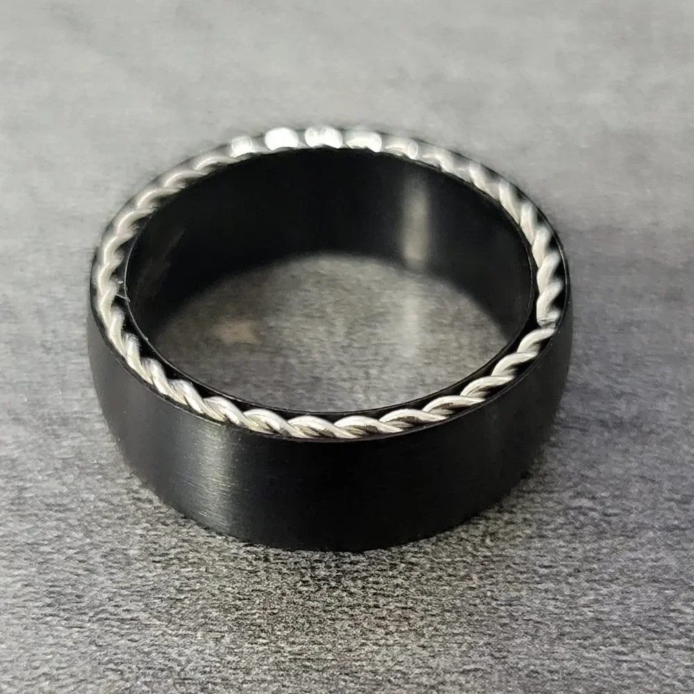 Black Wire Cable Inlay Wedding Band Promise Ring